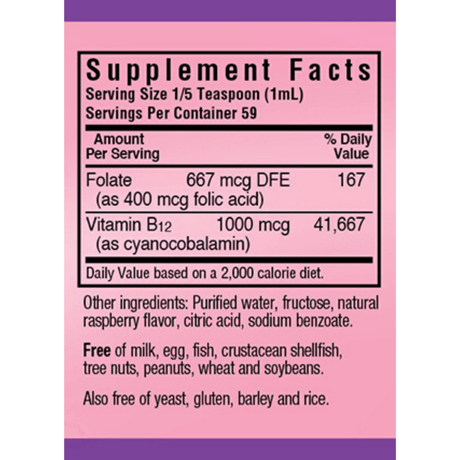 Bluebonnet Liquid Vitamin B12 & Folic Acid - Frambuesa - 59 ml - Haz Tu Pedido