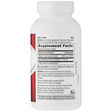 GNC Vitamin C 1000 mg with Bioflavonoids and Rose Hips - 90 Comprimidos Vegetarianos - Haz Tu Pedido