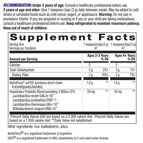 Natures Way Primadophilus® Reuteri Probiotico 3 Mil Millones CFU - 141,75 g - Tabla Nutricional - Haz Tu Pedido
