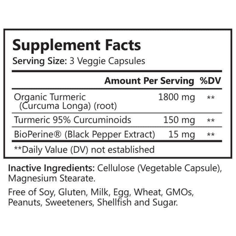 Nature's nutrition cúrcuma con bioperina - 1950 mg - 60 Cápsulas Vegetales - 20 Servicios - Tabla Nutricional 