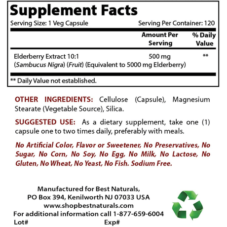 Best Naturals Elderberry 5000mg - 120 Cápsulas De Origen Vegetal - Haz Tu Pedido