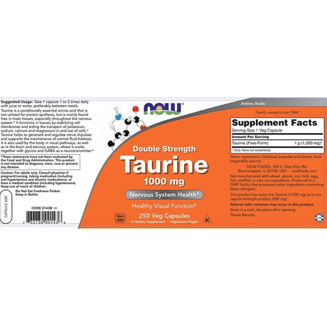NOW Foods Double Strength Taurine 1000 mg - 250 Cápsulas Vegetales - Haz Tu Pedido