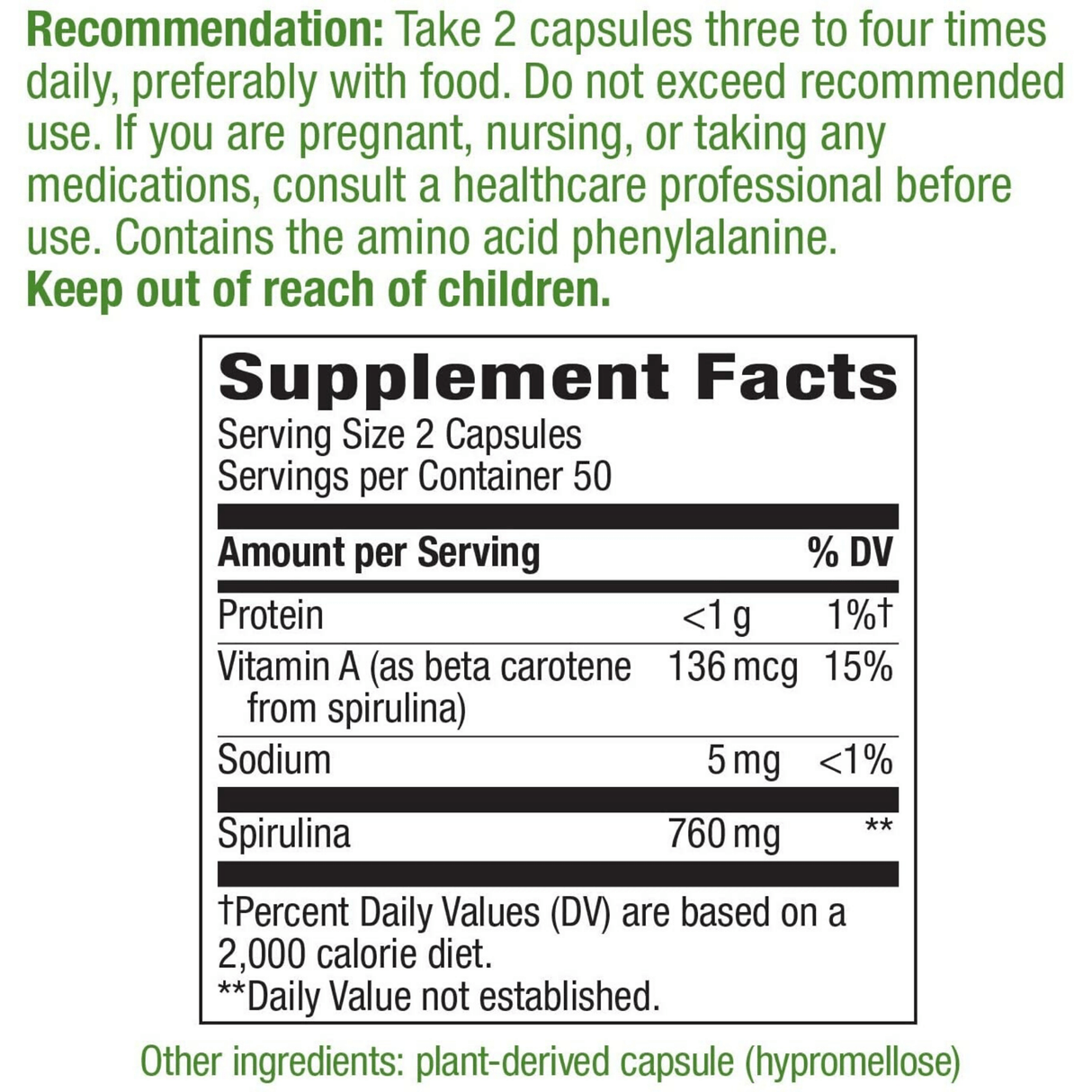 Natures Way Spirulina Micro-Algae - 100 Cápsulas Veganas - Haz Tu Pedido