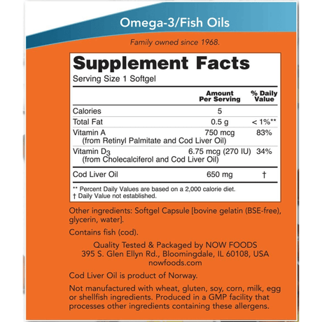 NOW Foods Cod Liver Oil 650 mg - 250 Cápsulas Blandas - Haz Tu Pedido