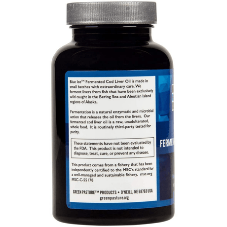 Green Pasture BLUE ICE Fermented Cod Liver Oil - 120 Cápsulas - Haz Tu Pedido