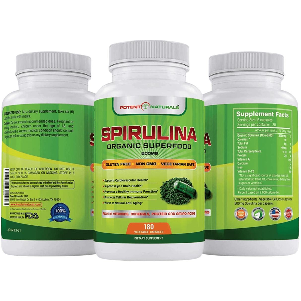 Potent Naturals Spirulina - 180 Cápsulas De Origen Vegetal - Haz Tu Pedido