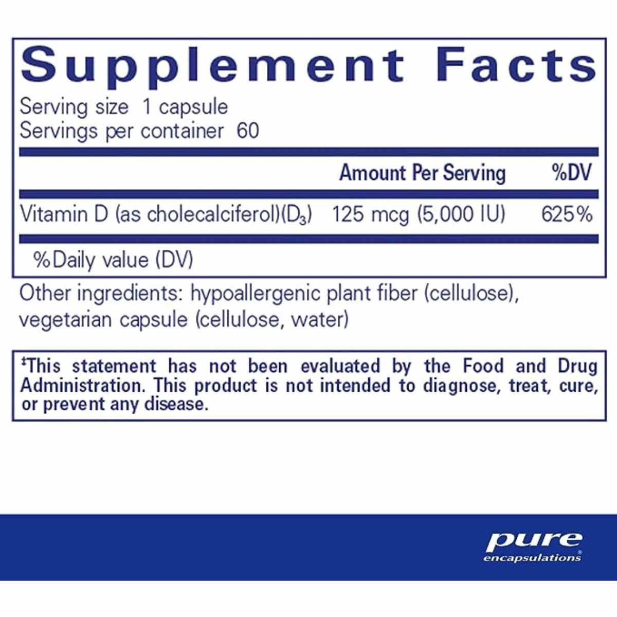 Pure Encapsulations Vitamina D3 5000 IU - 60 Cápsulas - Tabla Nutricional - Haz Tu Pedido