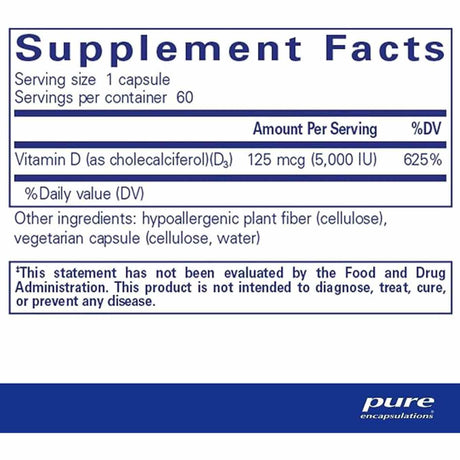 Pure Encapsulations Vitamina D3 5000 IU - 60 Cápsulas - Tabla Nutricional - Haz Tu Pedido
