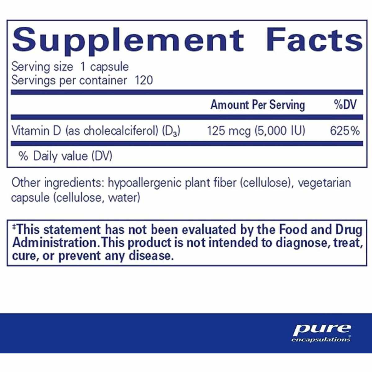 Pure Encapsulations Vitamina D3 5000 IU - 120 Cápsulas - Tabla Nutricional - Haz Tu Pedido