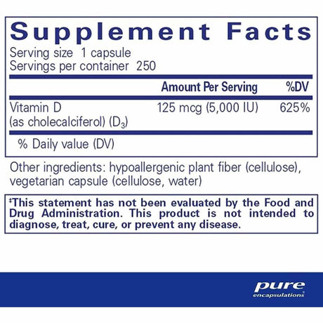 Pure Encapsulations Vitamina D3 5 IU - 250 Cápsulas - Tabla Nutricional - Haz Tu Pedido	Tamaño