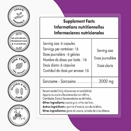 Sarcosine 3000 mg - 100 Cápsulas Vegetarianas - Haz Tu Pedido
