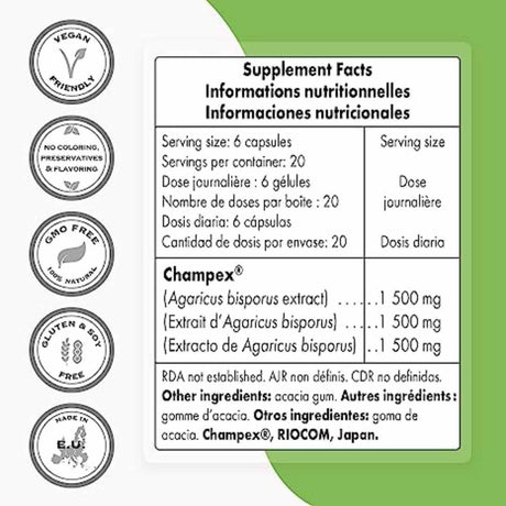 Extracto de Agaricus Bisporus 1500 mg - 120 Cápsulas Vegetarianas - Haz Tu Pedido