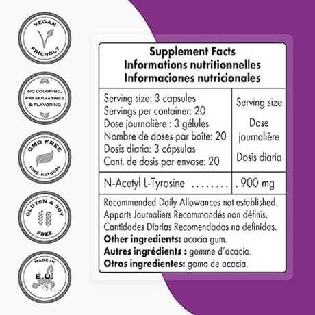 N-acetil L-tirosina 900 mg - 60 Cápsulas Vegetarianas - Haz Tu Pedido
