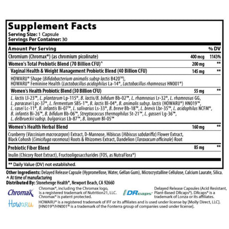 Stonehenge Health Dynamic Biotics Probiotico para Mujeres 70 Mil Millones CFU - 30 Cápsulas - Tabla Nutricional - Haz Tu Pedido