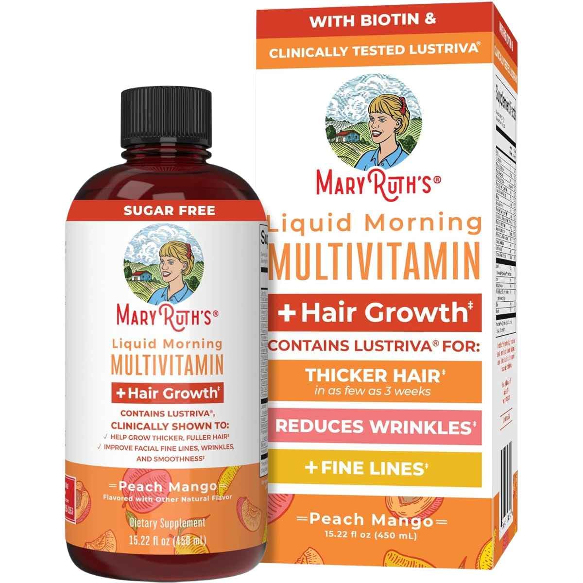 MaryRuth Organics - Multivitamínico Líquido Matutino + Crecimiento Cabello Peach Mango (10.000 mcg Biotina - 450 mL)