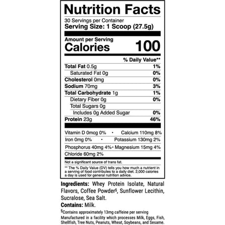 Tabla nutricional del suplemento 1st Phorm Aislado de Proteína de Suero Phormula-1 Batido de Vainilla