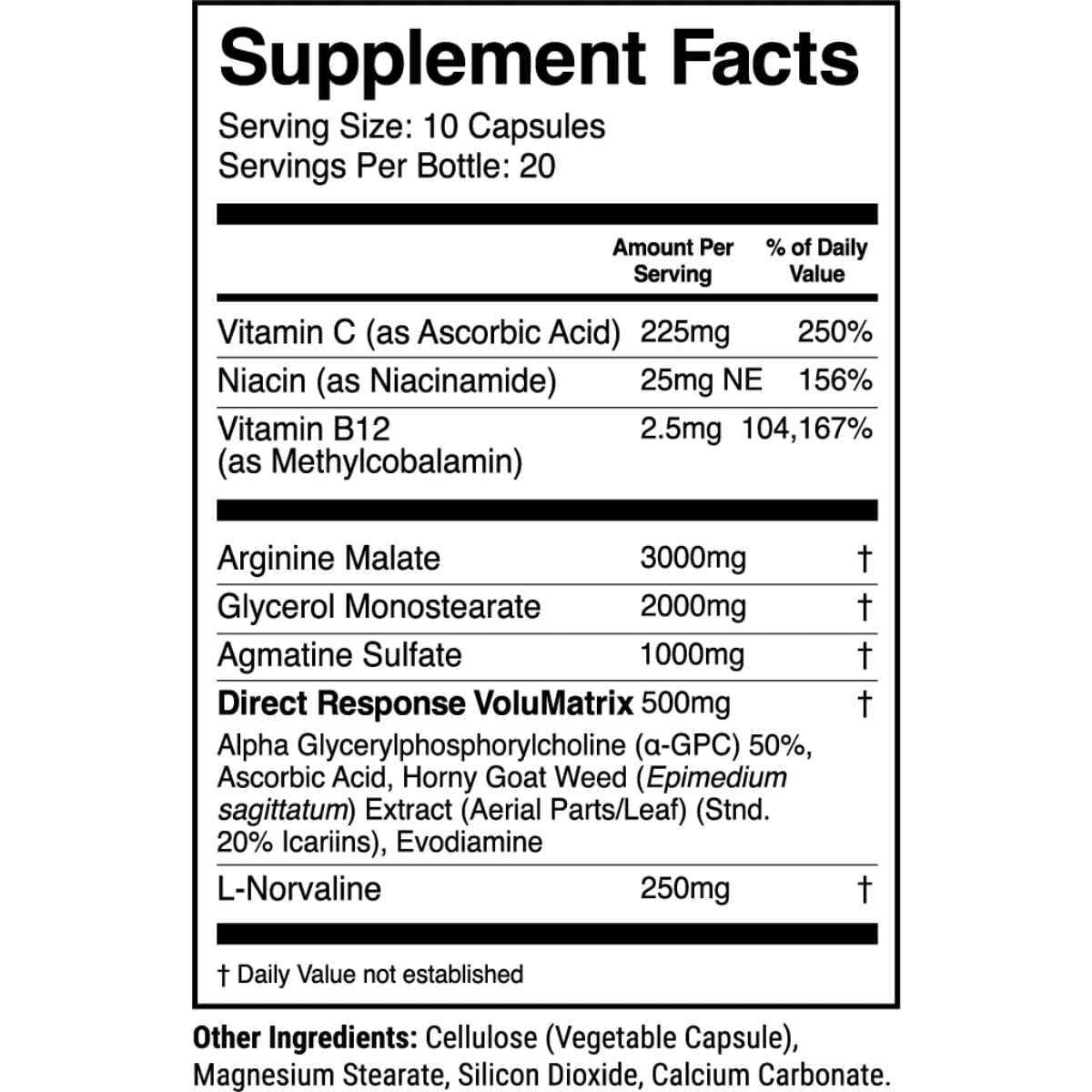 Tabla nutricional del suplemento 1st Phorm AlphaSurge DRV 200 cápsulas