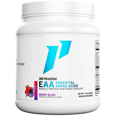 Frasco de suplemento 1st Phorm Aminoácidos Esenciales EAA sabor Explosión de Bayas 1.44 lbs