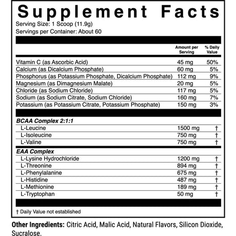 Tabla nutricional del suplemento 1st Phorm Aminoácidos Esenciales EAA sabor Limonada de Arándanos 1.46 lbs