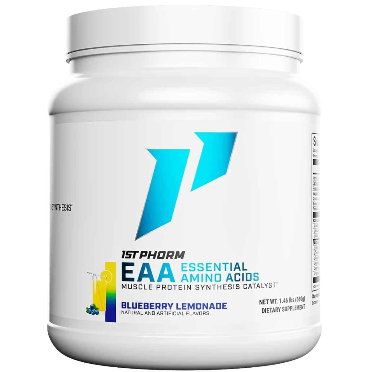 Frasco de suplemento 1st Phorm Aminoácidos Esenciales EAA sabor Limonada de Arándanos 1.46 lbs