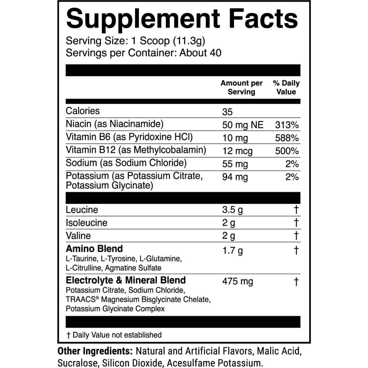 Tabla nutricional del suplemento 1st Phorm BCAAs sabor Granizado de Limón 17.07 oz polvo