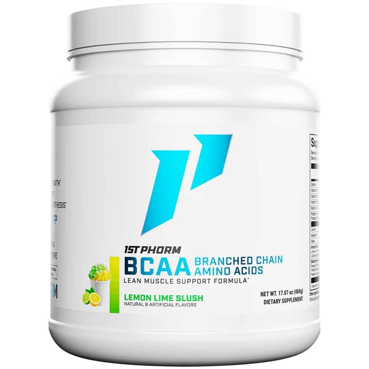 Frasco de suplemento 1st Phorm BCAAs sabor Granizado de Limón 17.07 oz polvo