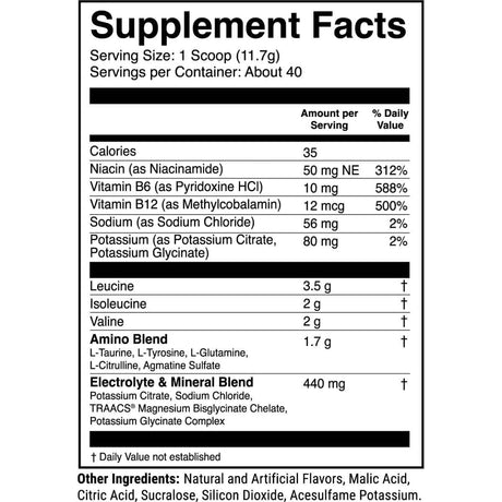 Tabla nutricional del suplemento 1st Phorm BCAAs sabor Limonada de Bayas 16.5 oz polvo