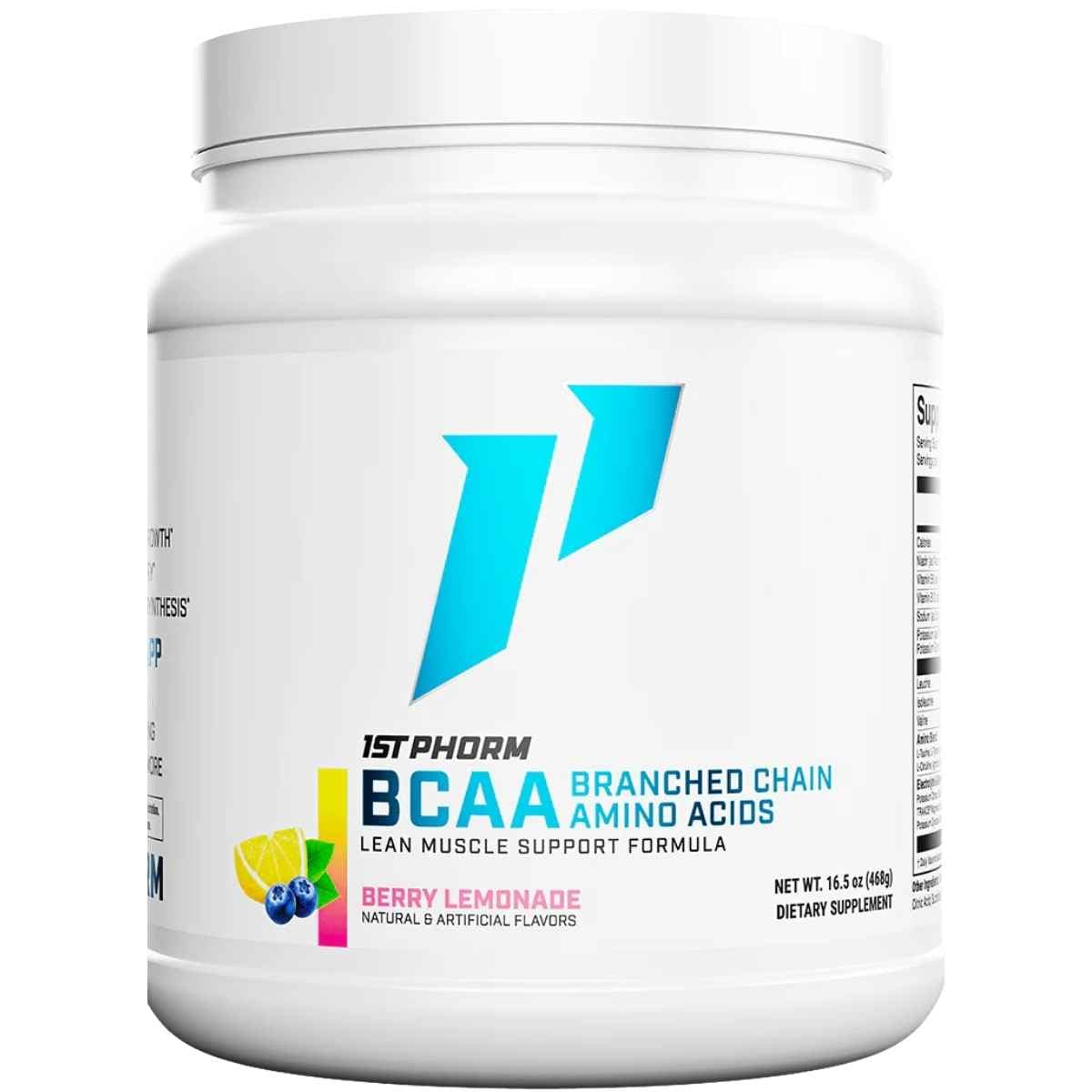 Frasco de suplemento 1st Phorm BCAAs sabor Limonada de Bayas 16.5 oz polvo