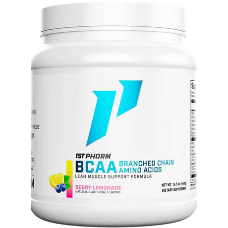 Frasco de suplemento 1st Phorm BCAAs sabor Limonada de Bayas 16.5 oz polvo