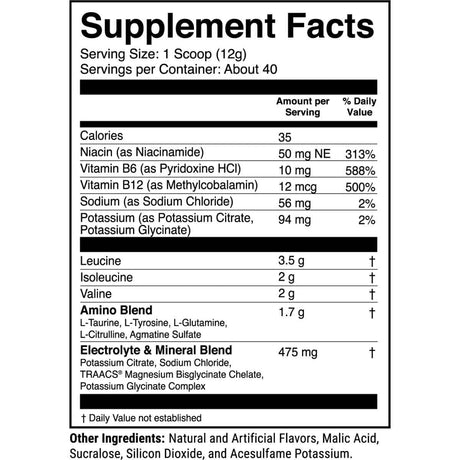 Tabla nutricional del suplemento 1st Phorm BCAAs sabor Naranja Sanguina 17.64 oz polvo