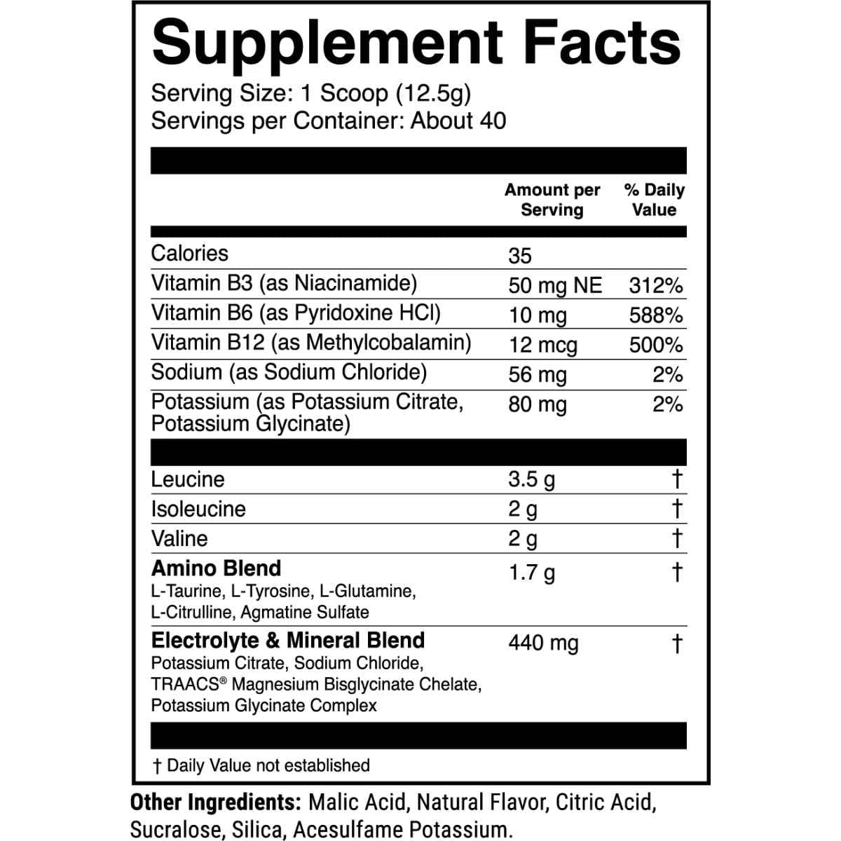 Tabla nutricional del suplemento 1st Phorm BCAAs sabor Piña Mango 15.9 oz polvo