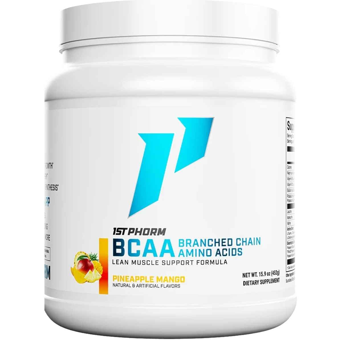 Frasco de suplemento 1st Phorm BCAAs sabor Piña Mango 15.9 oz polvo
