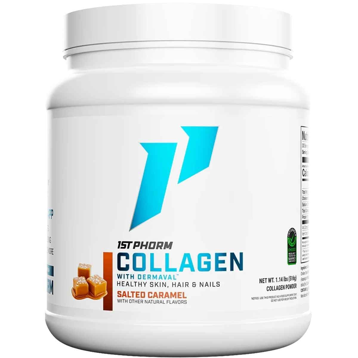 Frasco de suplemento 1st Phorm Colágeno Hidrolizado con Dermaval Caramelo Salado 1.14 lbs