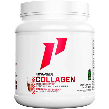 Frasco de suplemento 1st Phorm Colágeno Hidrolizado con Dermaval Moca de Menta 1.19 lbs