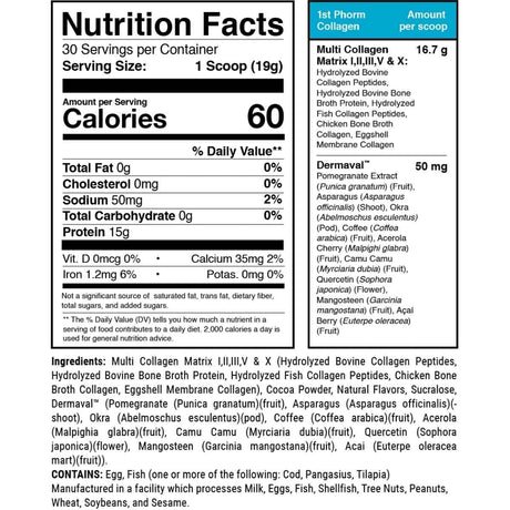 Tabla nutricional del suplemento 1st Phorm Colágeno Hidrolizado con Dermaval Vainilla Francesa 1.18 lbs