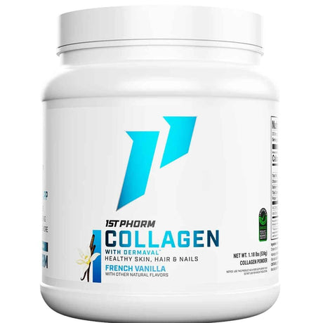 Frasco de suplemento 1st Phorm Colágeno Hidrolizado con Dermaval Vainilla Francesa 1.18 lbs