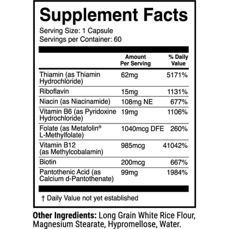 Tabla nutricional del suplemento 1st Phorm Complejo B 60 cápsulas