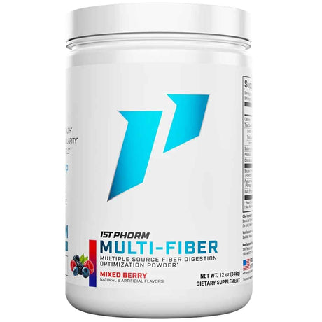 Frasco de suplemento 1st Phorm Fibra Multifuente sabor Mezcla de Bayas 12 oz polvo