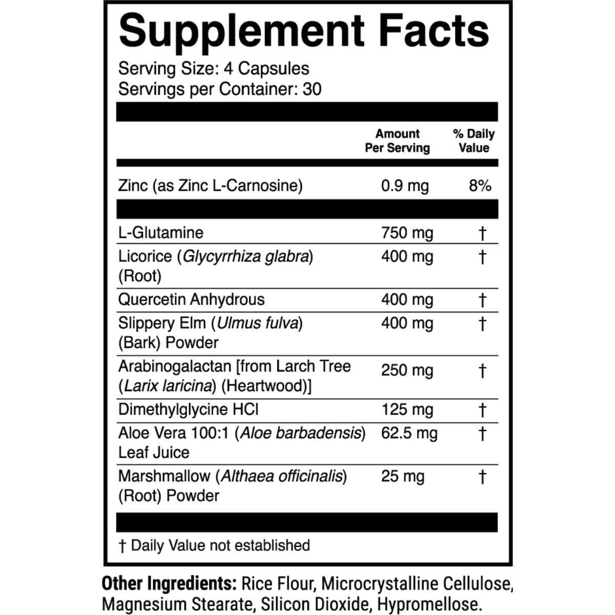Tabla nutricional del suplemento 1st Phorm Fórmula de Soporte Gastrointestinal 120 cápsulas