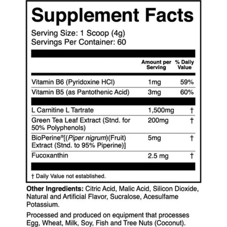 Tabla nutricional del suplemento 1st Phorm L-Carnitina con Fucoxantina sabor amanecer naranja 60 servicios