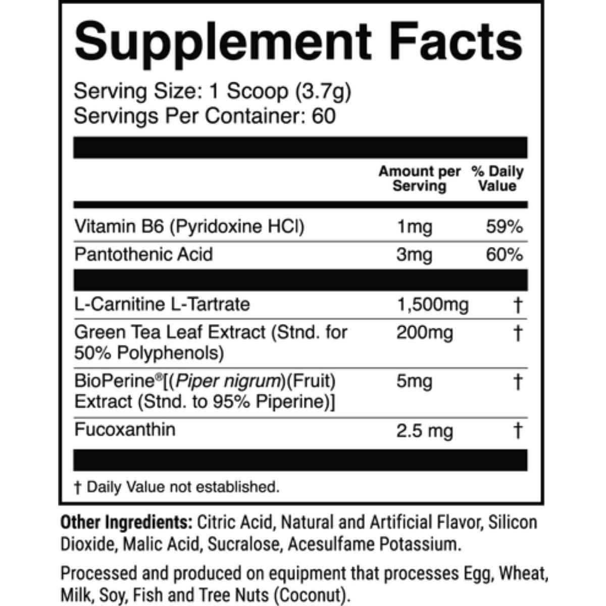 Tabla nutricional del suplemento 1st Phorm L-Carnitina con Fucoxantina sabor fresa mango 60 servicios