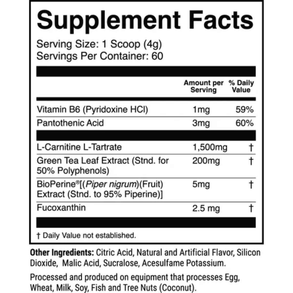 Tabla nutricional del suplemento 1st Phorm L-Carnitina con Fucoxantina sabor granizado de cereza 60 servicios