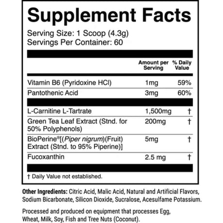 Tabla nutricional del suplemento 1st Phorm L-Carnitina con Fucoxantina sabor limonada de bayas 60 servicios