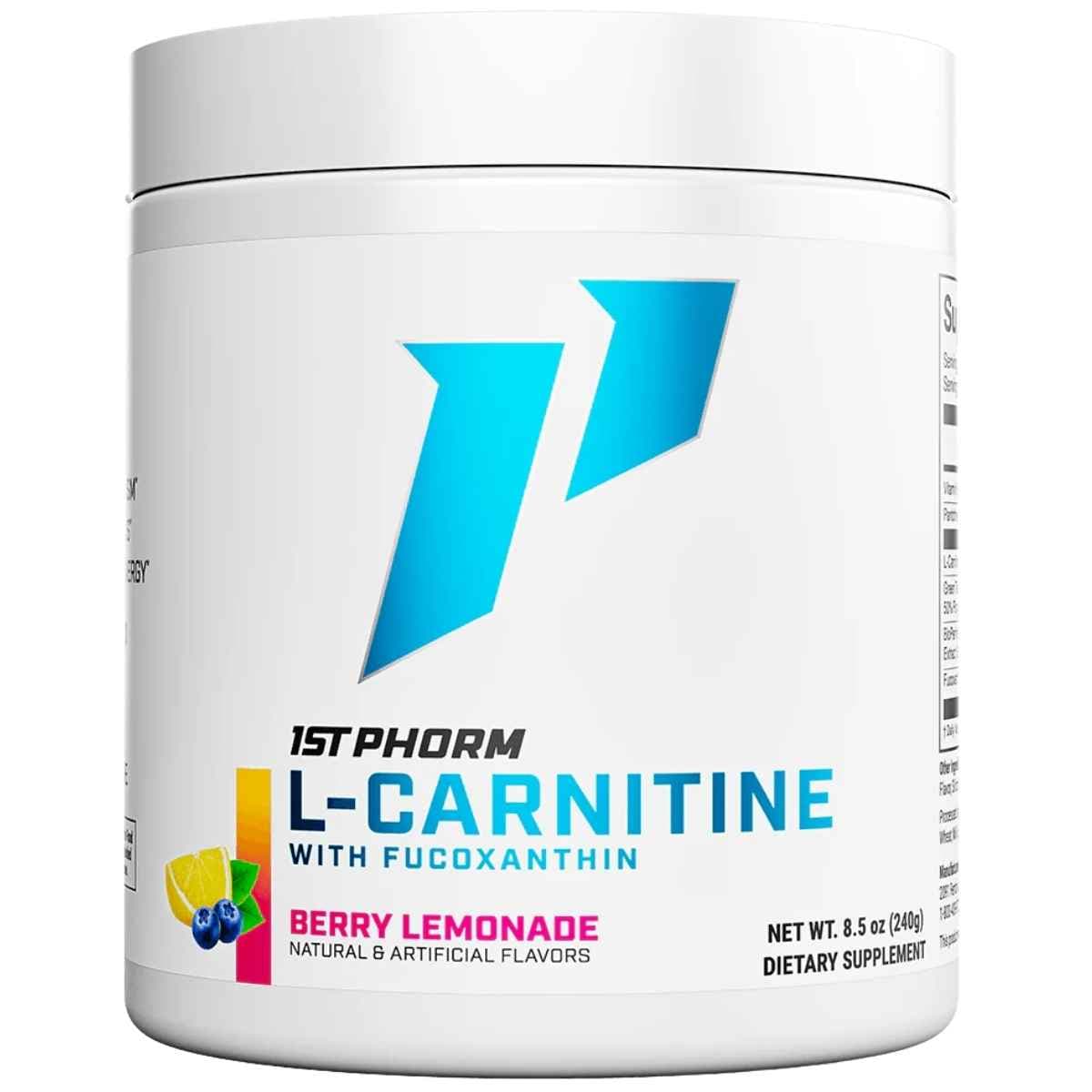Envase de suplemento 1st Phorm L-Carnitina con Fucoxantina sabor limonada de bayas 60 servicios