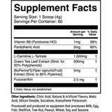 Tabla nutricional del suplemento 1st Phorm L-Carnitina con Fucoxantina sabor uva 60 servicios