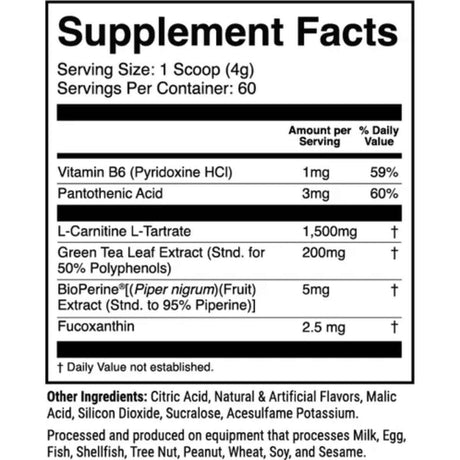 Tabla nutricional del suplemento 1st Phorm L-Carnitina con Fucoxantina sabor uva 60 servicios