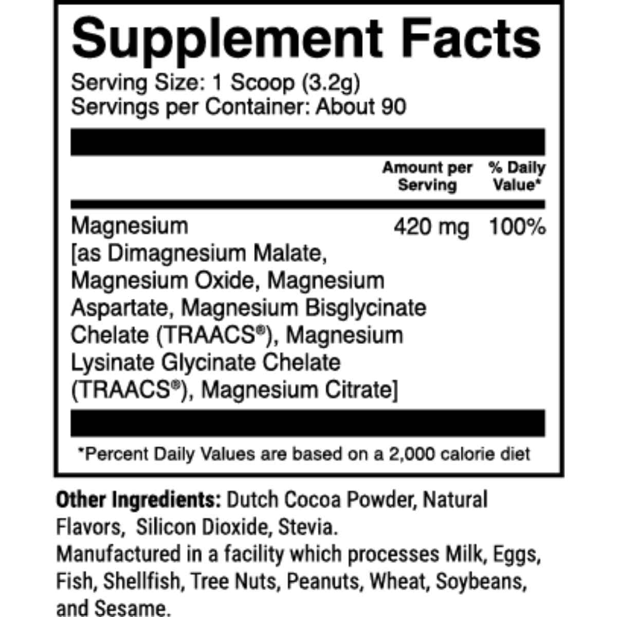 Tabla nutricional del suplemento 1st Phorm Magnesio sabor Anillo de Melocotón 420 mg 90 porciones