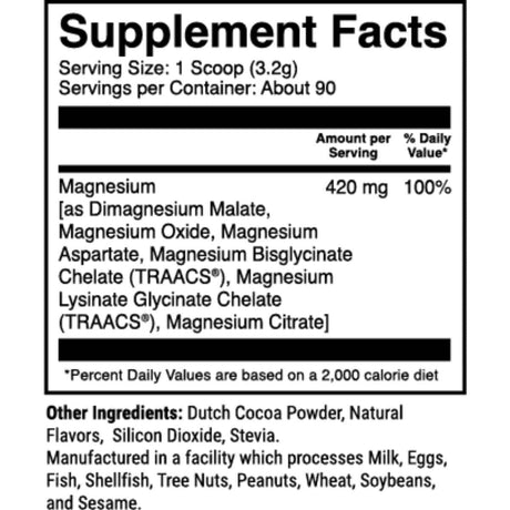 Tabla nutricional del suplemento 1st Phorm Magnesio sabor Anillo de Melocotón 420 mg 90 porciones
