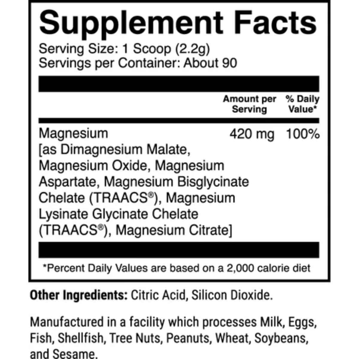 Tabla nutricional del suplemento 1st Phorm Magnesio sabor Baya Silvestre 420 mg 90 porciones