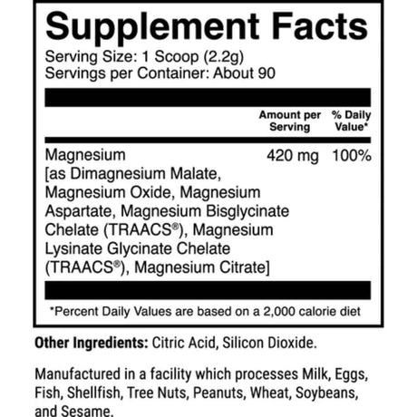 Tabla nutricional del suplemento 1st Phorm Magnesio sabor Baya Silvestre 420 mg 90 porciones
